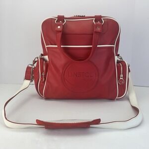 LINSTOL Red Vtg Retro Travel Flight Bag Leatherette Shoulder Strap Piping